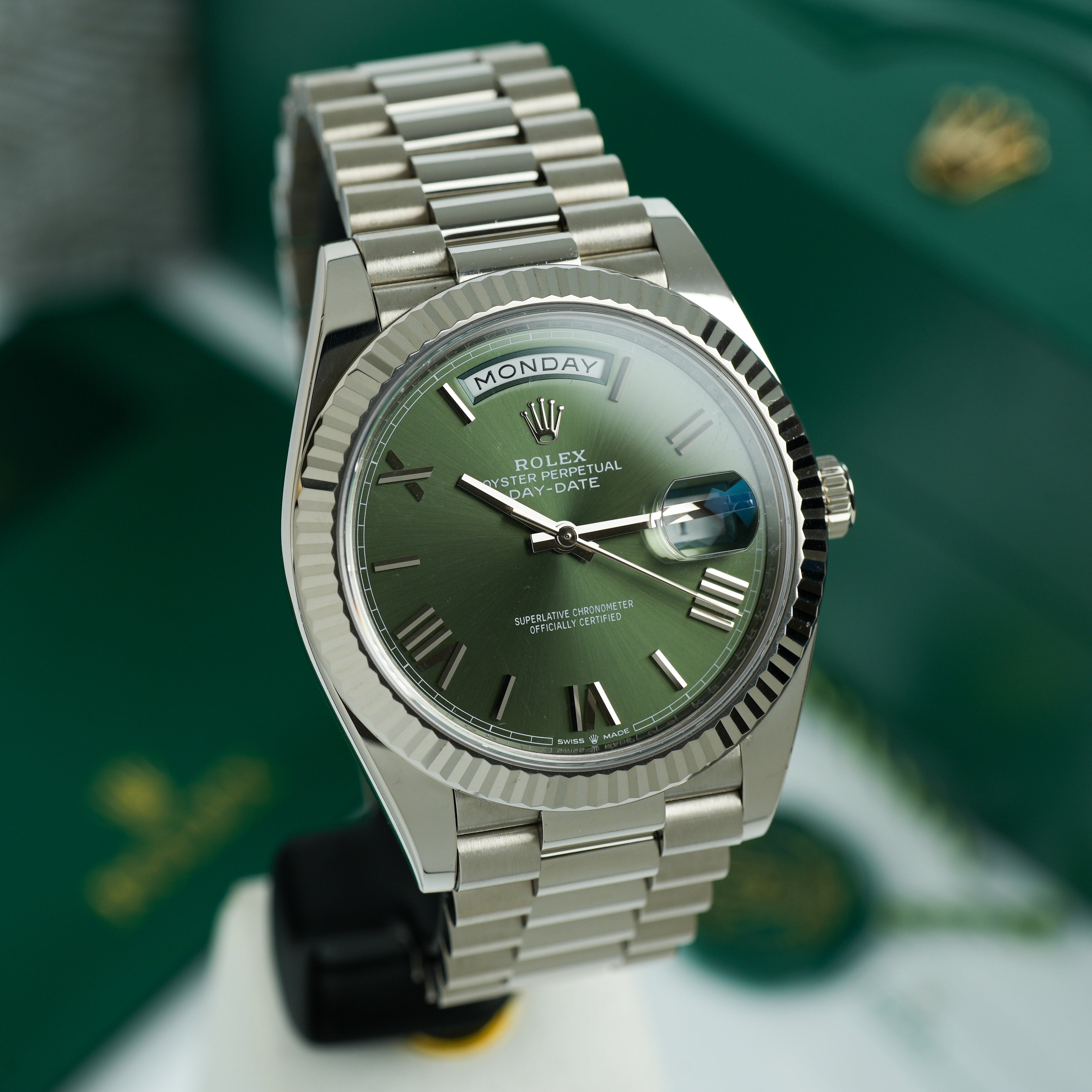 Rolex Day-Date Olive 228239 White Gold 40mm – JJ Timepiece Co