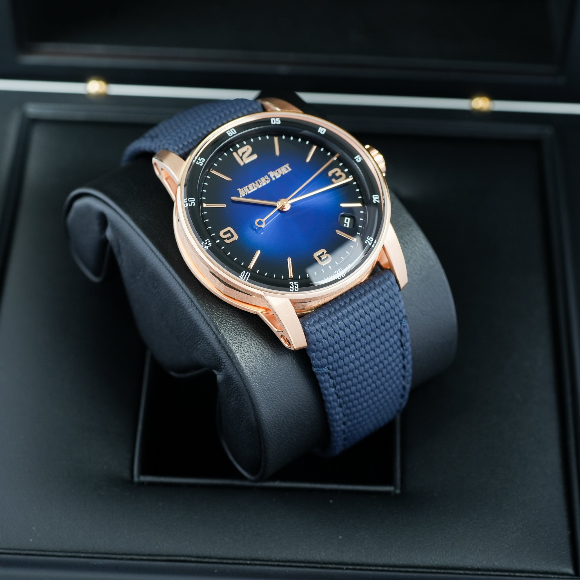 Audemars Piguet Code 11.59 Smoked Blue Dial Rose Gold 15210OR.OO.A028CR.01 case strap