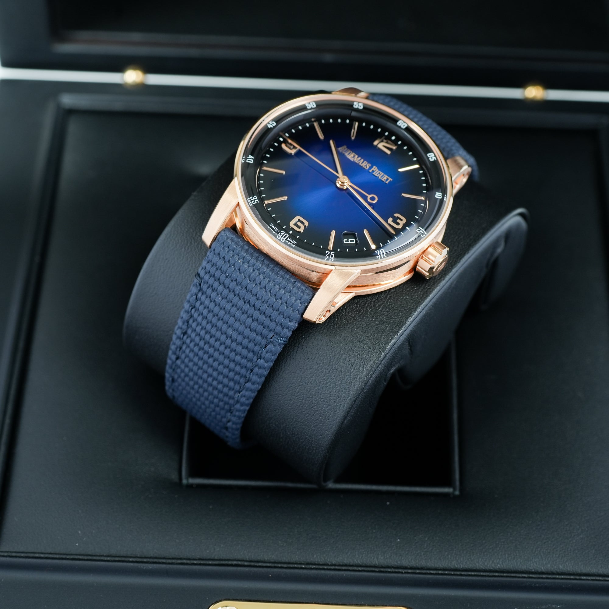 Audemars Piguet Code 11.59 Smoked Blue Dial Rose Gold 15210OR.OO.A028CR.01 case strap