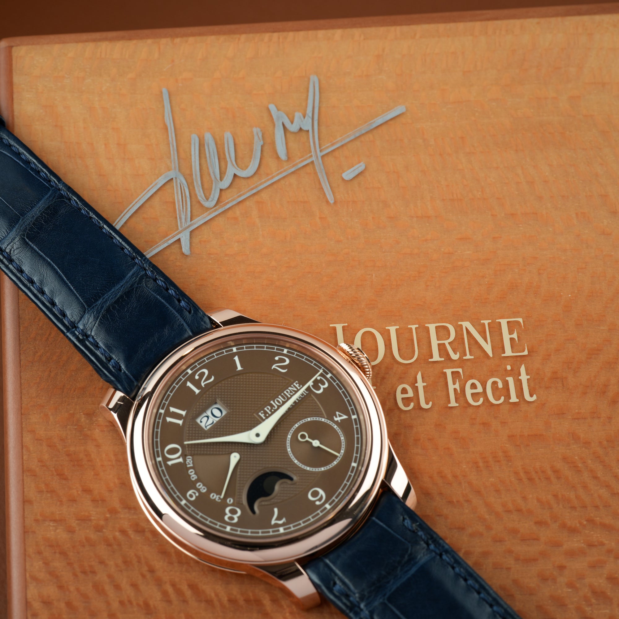 F. P. Journe Octa Automatique Lune Havana 42mm front box autograph signed