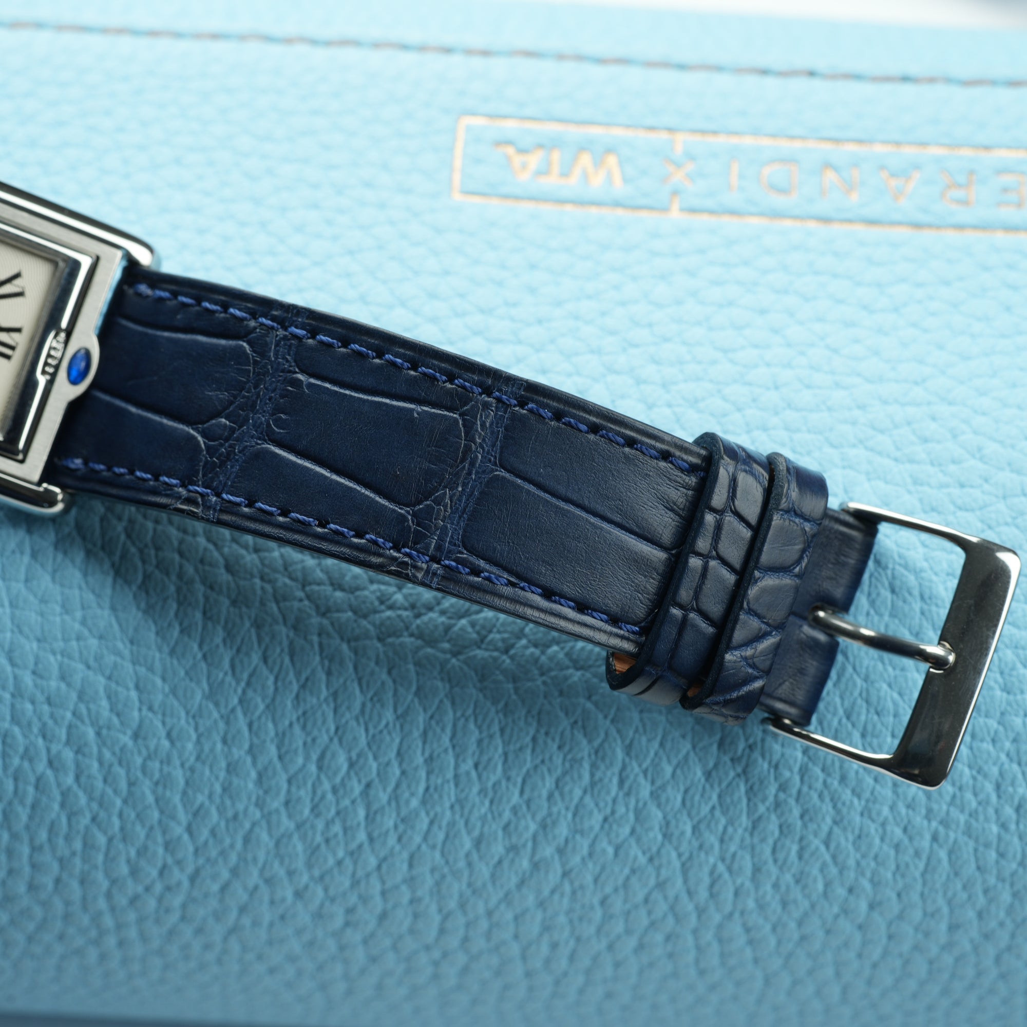 Cartier Tank Basculante Mecanique 2390 Blue Alligator Strap