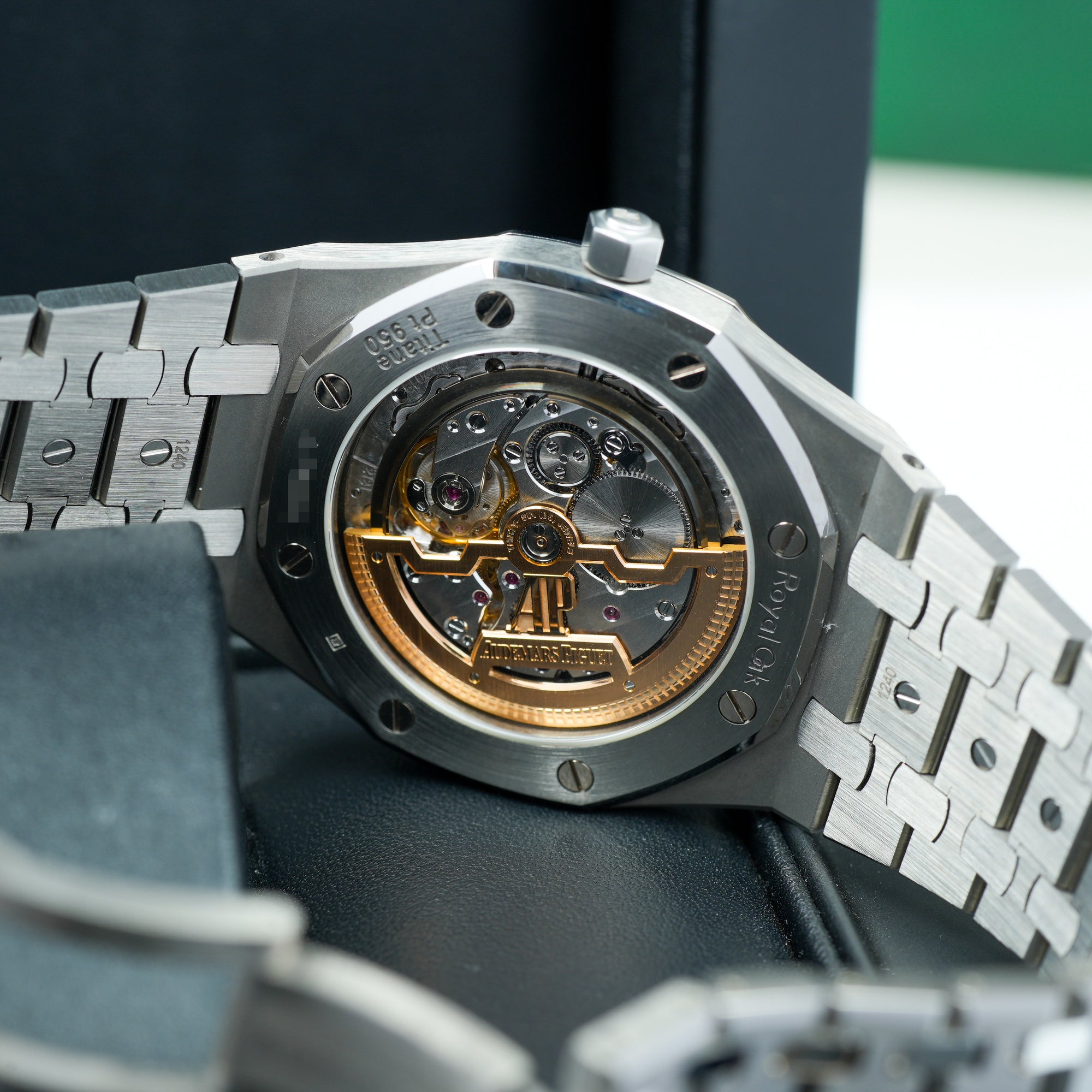 Audemars Piguet Royal Oak Jumbo Extra Thin Blue 15202IP 39mm Titanium Platinum movement caseback 
