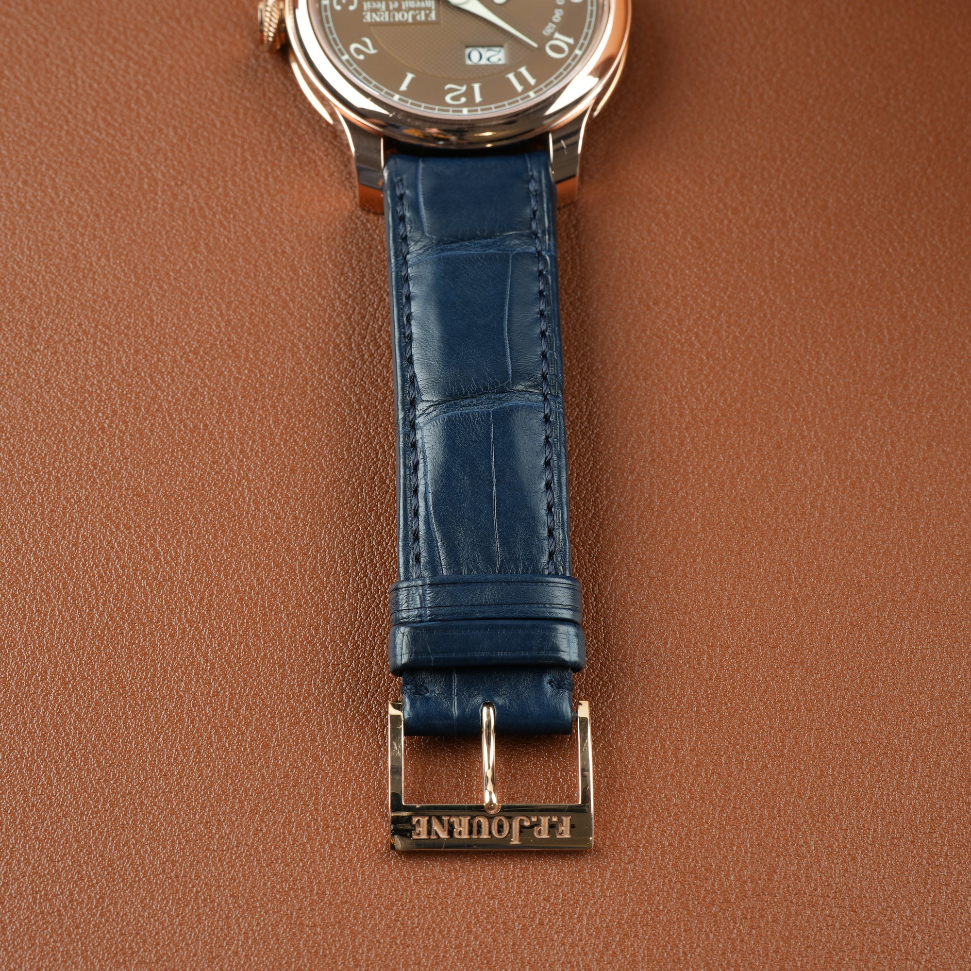 F. P. Journe Octa Automatique Lune Havana 42mm rose gold navy blue strap tang buckle