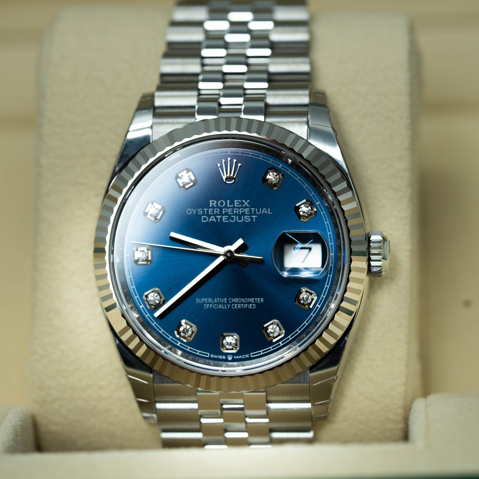 Rolex Datejust Blue Diamond 36mm Closeup