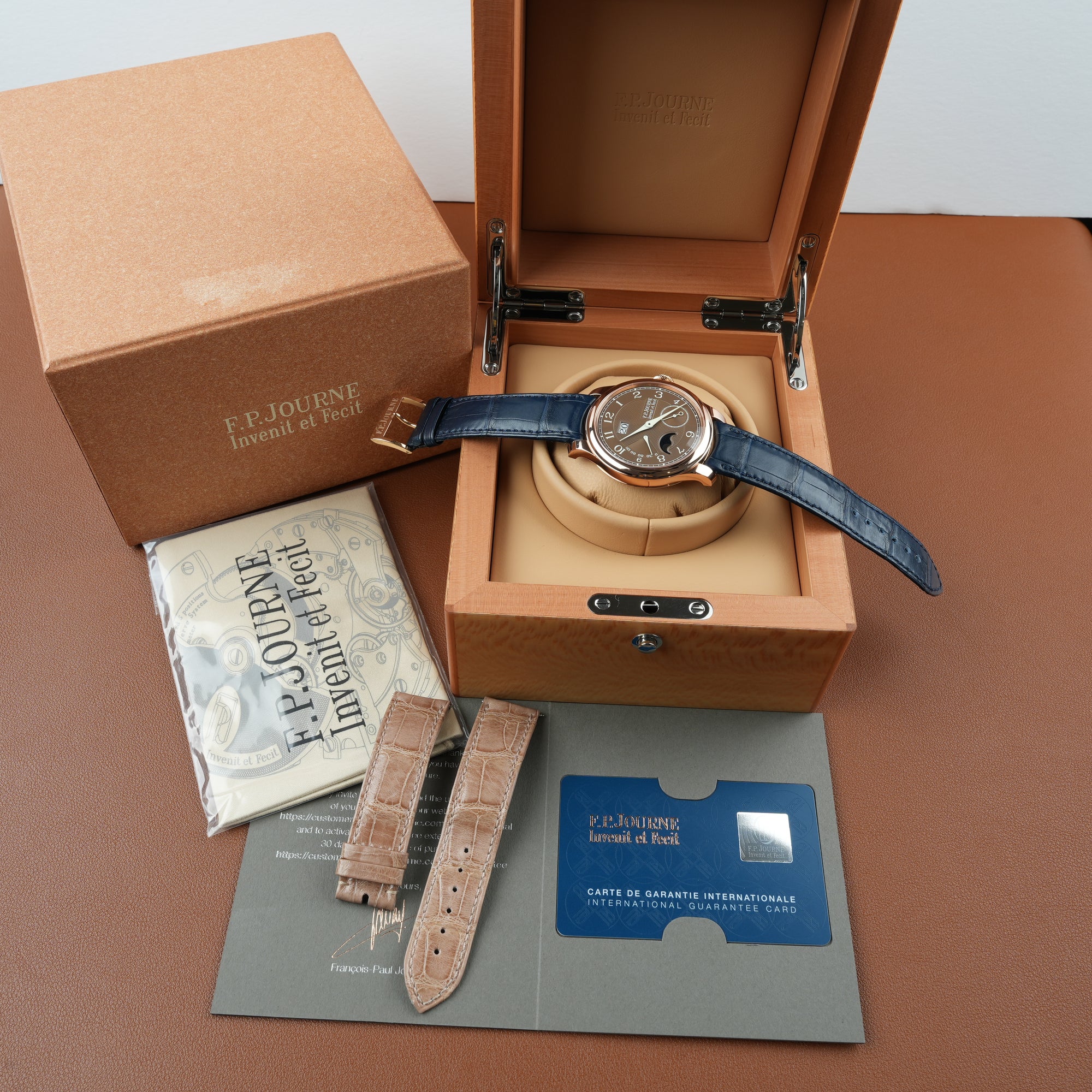 F. P. Journe Octa Automatique Lune Havana 42mm rose gold navy blue strap tang buckle full set extra strap brown tan strap